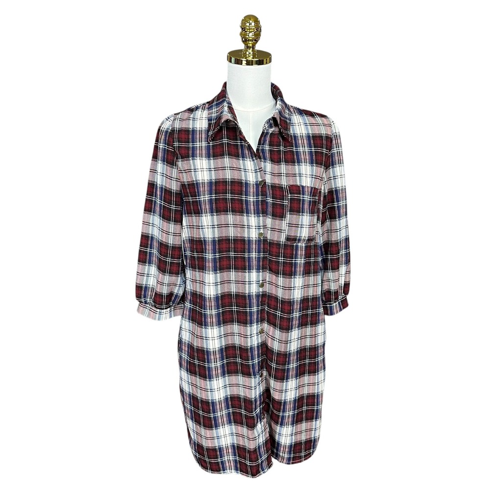 Plaid Button Up Tunic Shirt Dress Red‎ Navy White Size M Americana Preppy Grunge